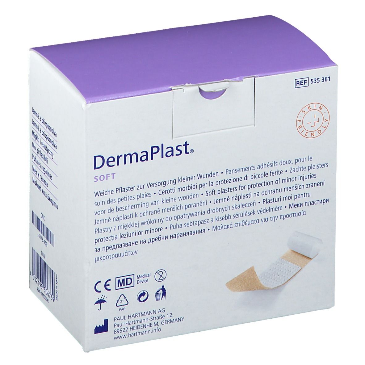 Emballage DermaPlast Soft. Texte multilingue. Avec marquage CE.