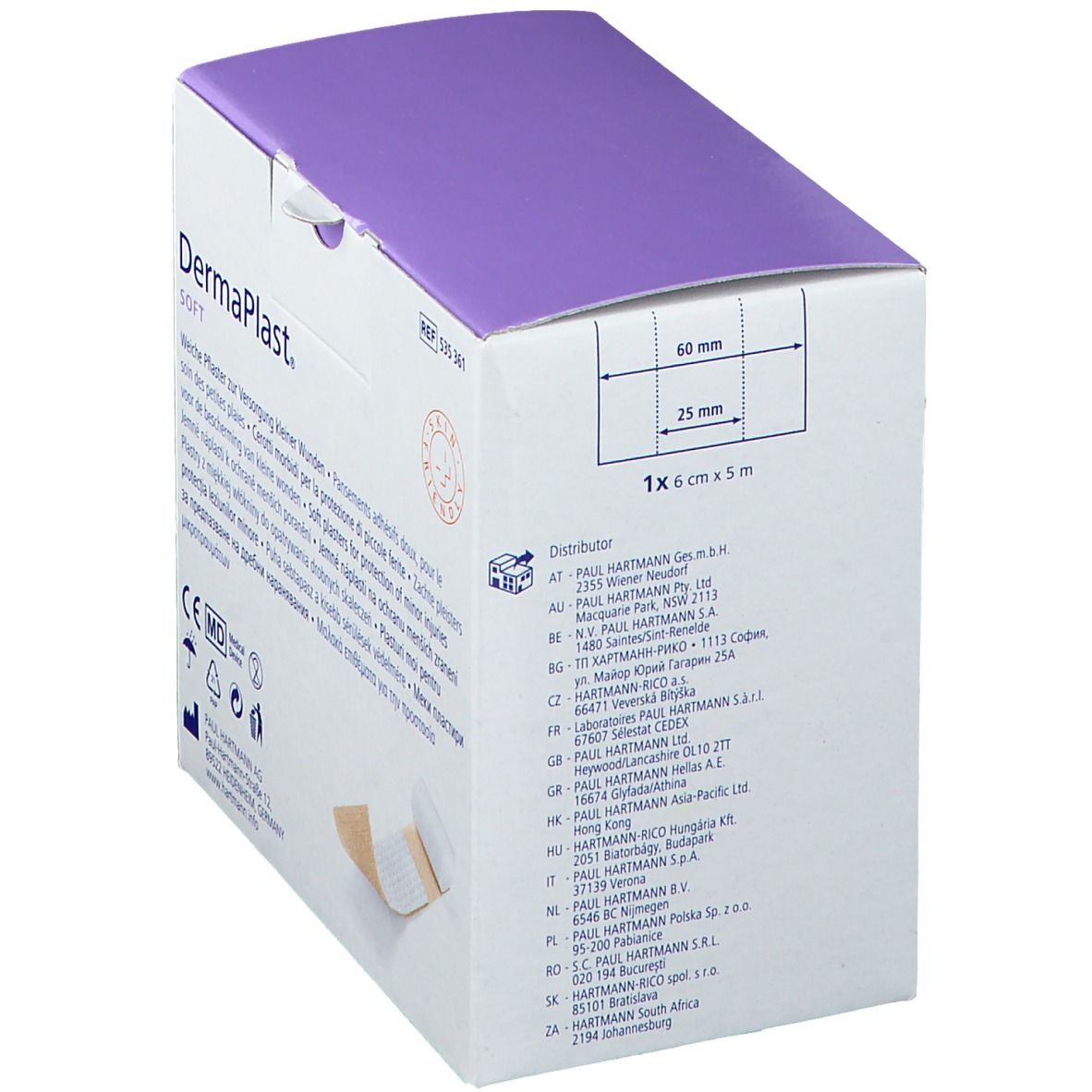 Emballage DermaPlast Soft. Affiche les dimensions. Contient 1 rouleau, 6 cm x 5 m.