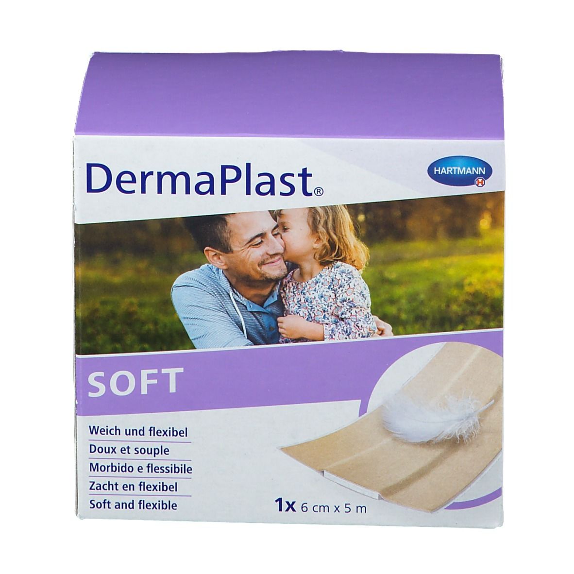 Emballage DermaPlast Soft. Image d'un enfant embrassant un homme. Contient 1 rouleau, 6 cm x 5 m.