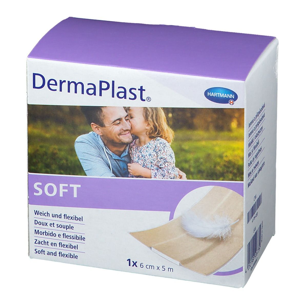 Emballage DermaPlast Soft. Image d'un enfant embrassant un homme. Contient 1 rouleau, 6 cm x 5 m.