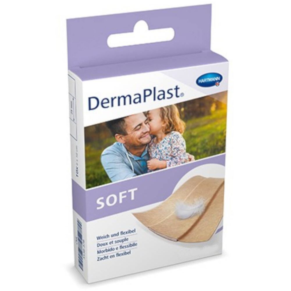 Emballage DermaPlast® Soft. Doux et souple. Image d'un père et d'un enfant. Nom du produit et logo visibles.