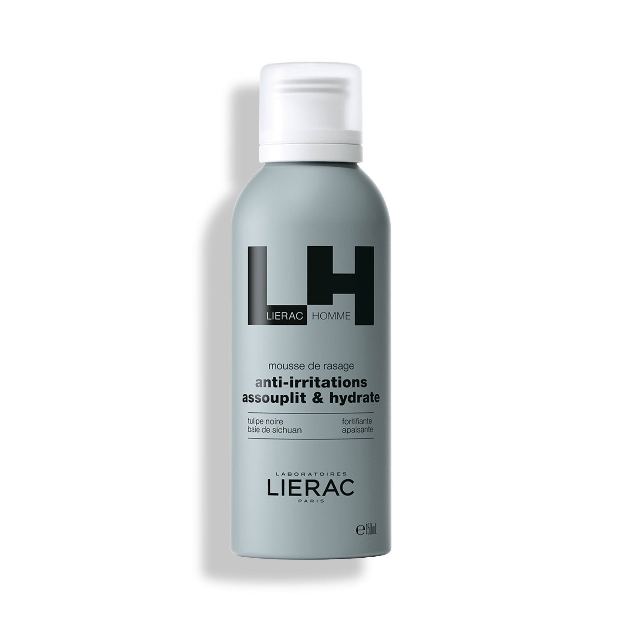 Flacon bleu clair avec pompe blanche. Logo LH noir, LIERAC HOMME et nom du produit. Textes en français.