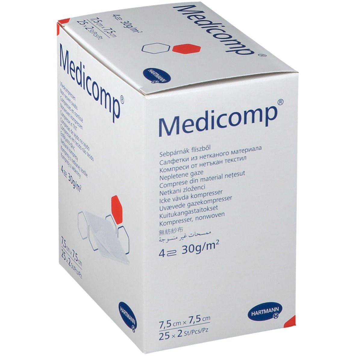 Boîte de compresses Hartmann Medicomp. Nom et logo visibles. Liste multilingue. Dimensions 7,5x7,5cm.