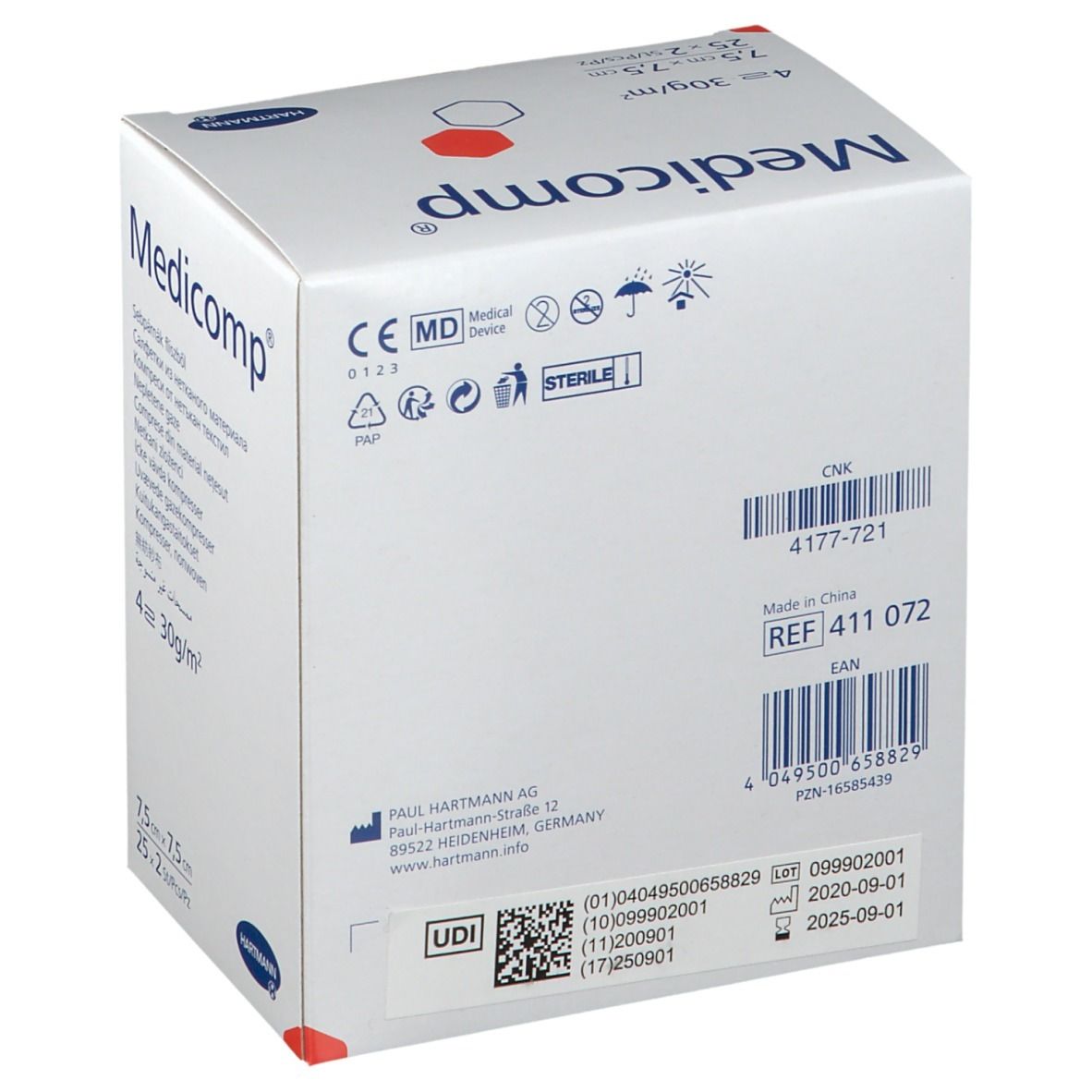 Boîte de compresses Hartmann Medicomp. Nom et logo. Informations au dos, code-barres et certifications.