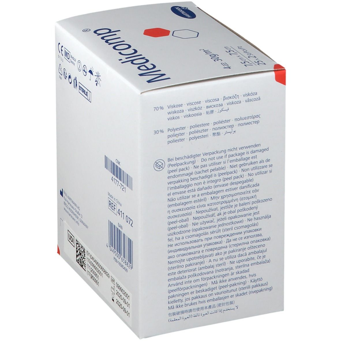 Boîte de compresses Hartmann Medicomp. Nom et logo. Informations au dos, composition et avertissements.