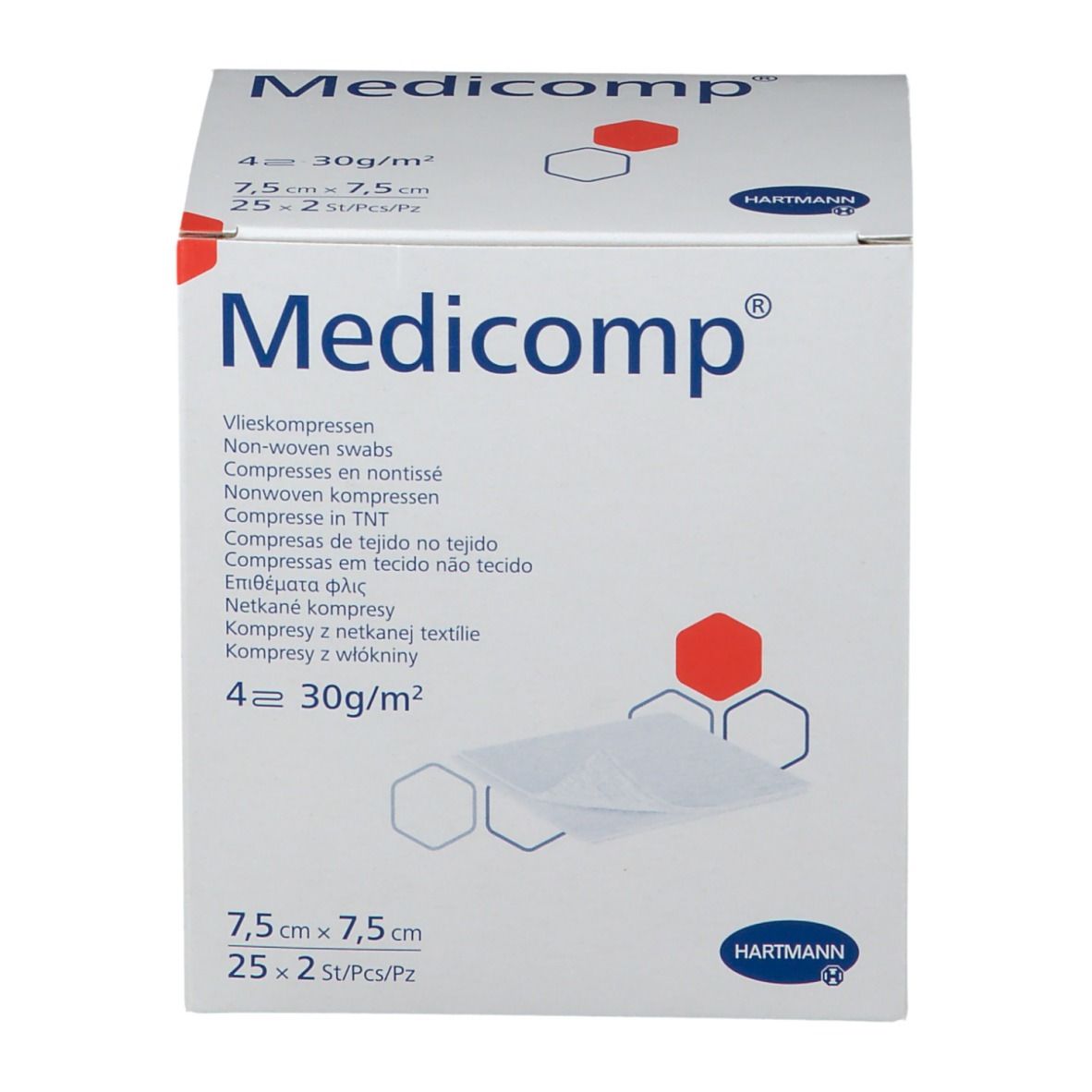 Boîte de compresses Hartmann Medicomp. Nom et logo visibles. Dimensions 7,5x7,5cm. 25 compresses par paquet.