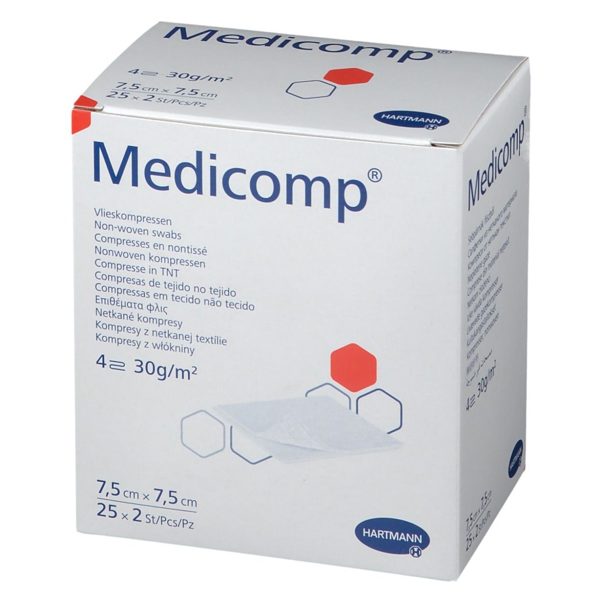 Boîte de compresses Hartmann Medicomp. Nom et logo visibles. Dimensions 7,5x7,5cm. 25 compresses par paquet.