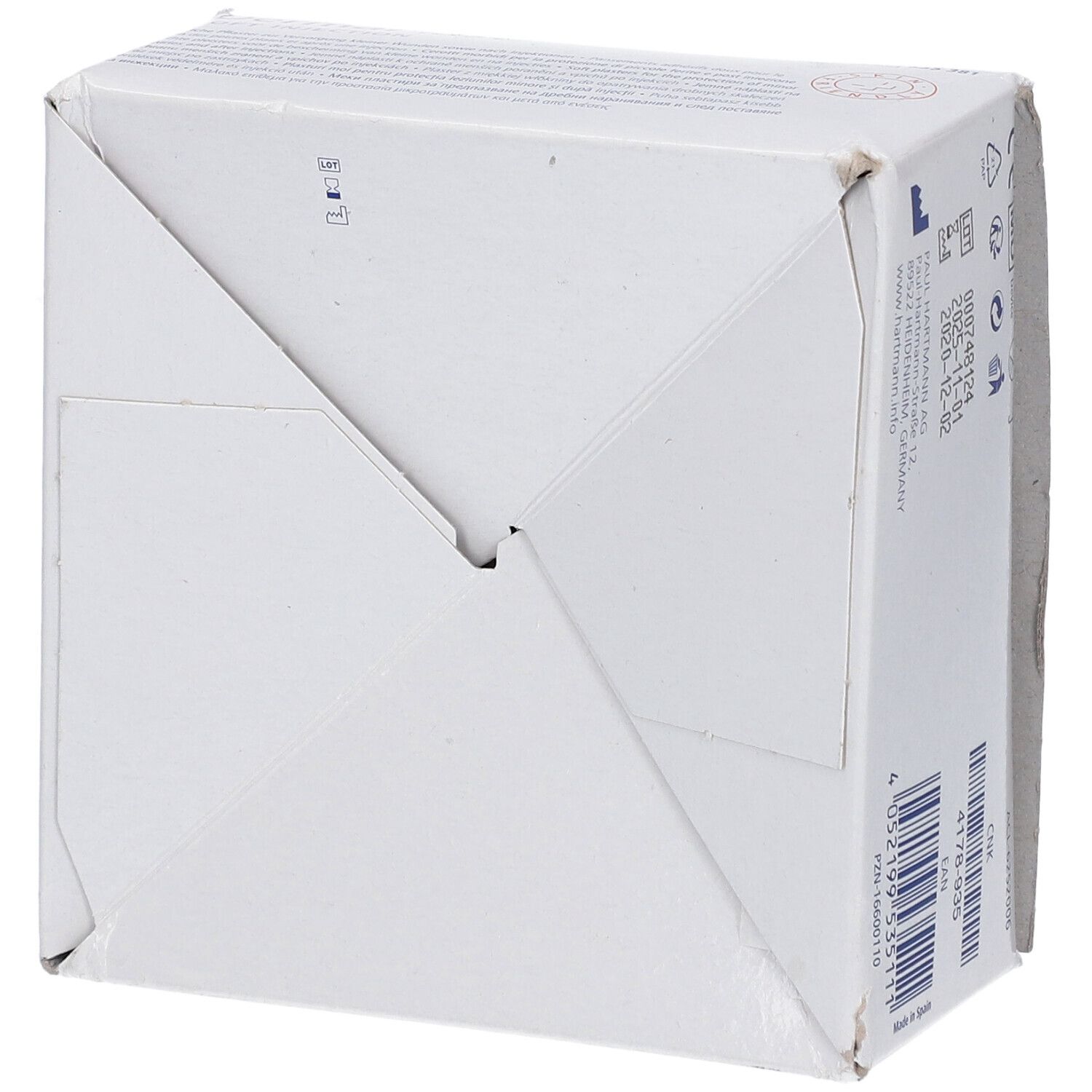 Vue inférieure de la boîte DermaPlast Soft Injection. Carton blanc. Structure pliée.