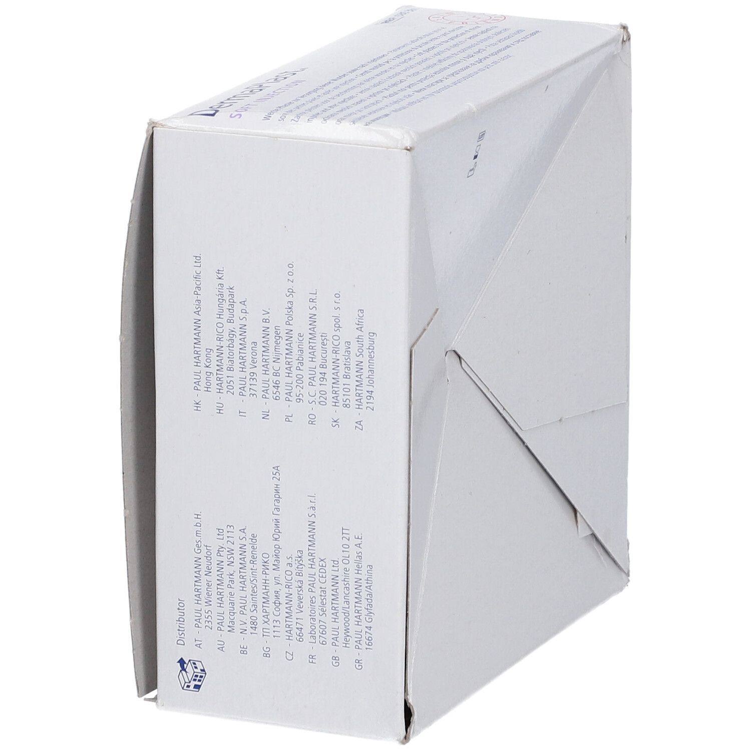 Vue latérale de la boîte DermaPlast Soft Injection. Carton blanc. Informations sur le fabricant et la distribution.