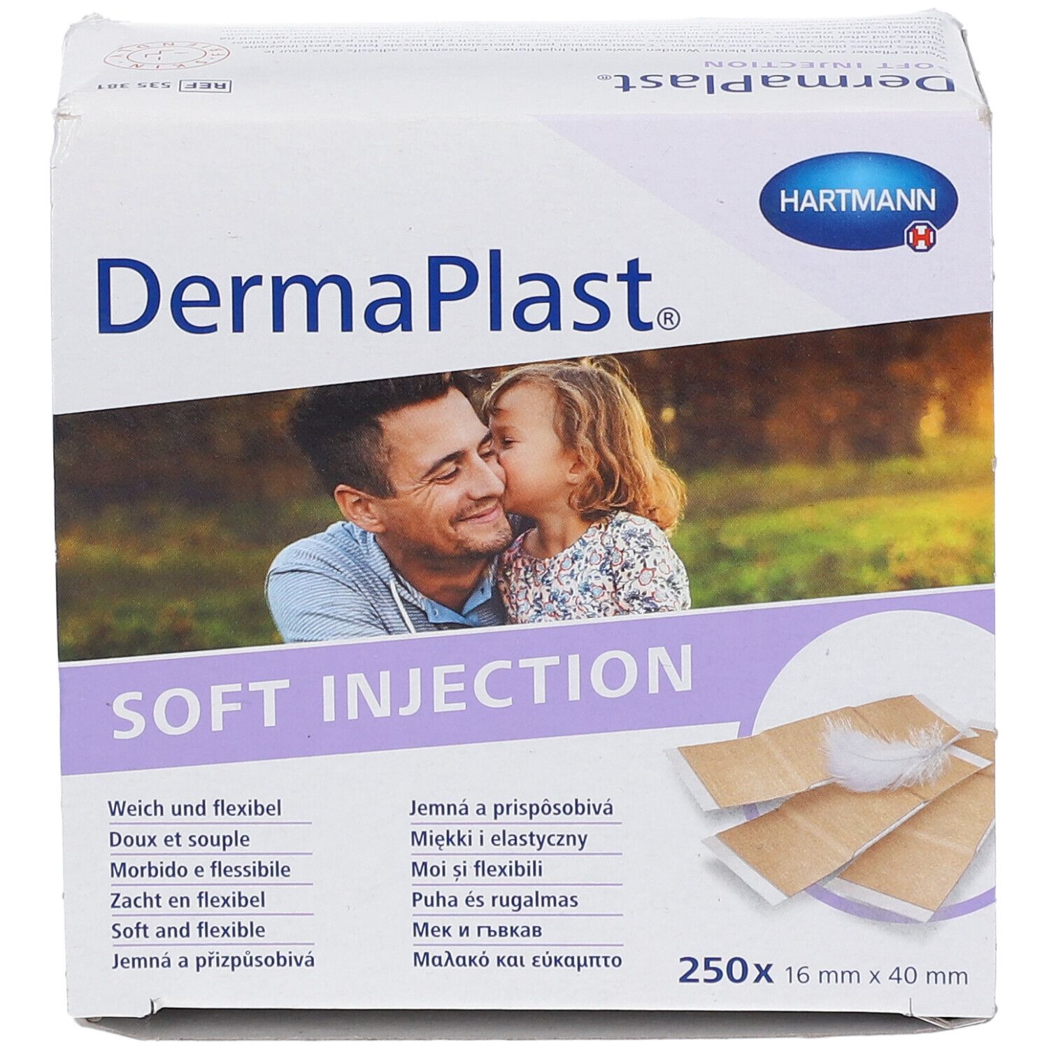 Boîte de DermaPlast Soft Injection. Souple et flexible. 250 unités, 16 x 40 mm. Logo Hartmann. Image d'un homme et d'un enfant.