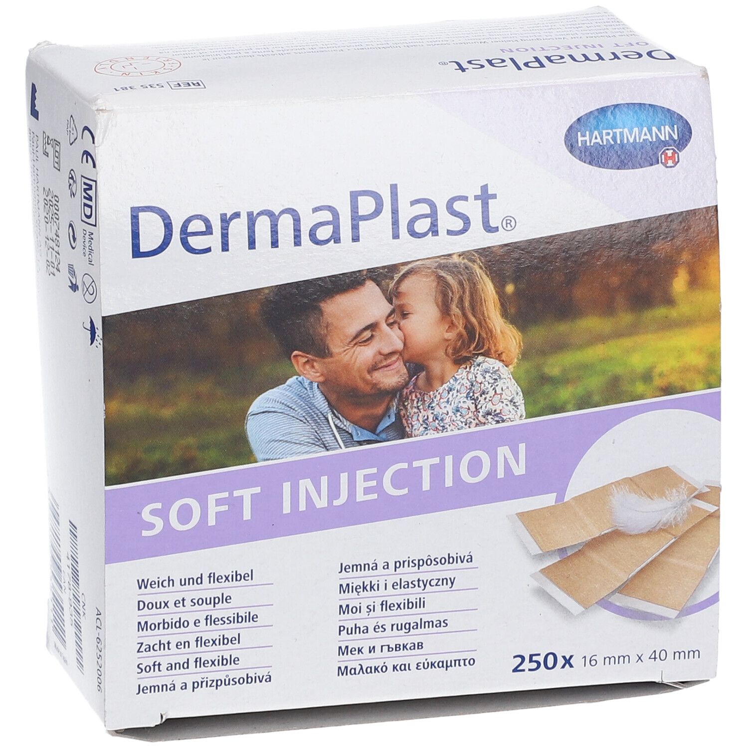 Boîte de DermaPlast Soft Injection. Souple et flexible. 250 unités, 16 x 40 mm. Logo Hartmann. Image d'un homme et d'un enfant.