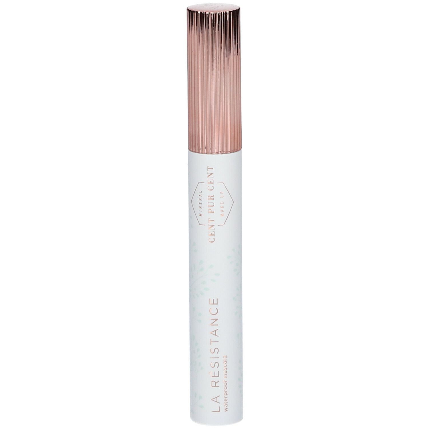 Tube de mascara avec capuchon or rose. Étiquette blanche avec texte et motif floral. Nom du produit : LA RÉSISTANCE.