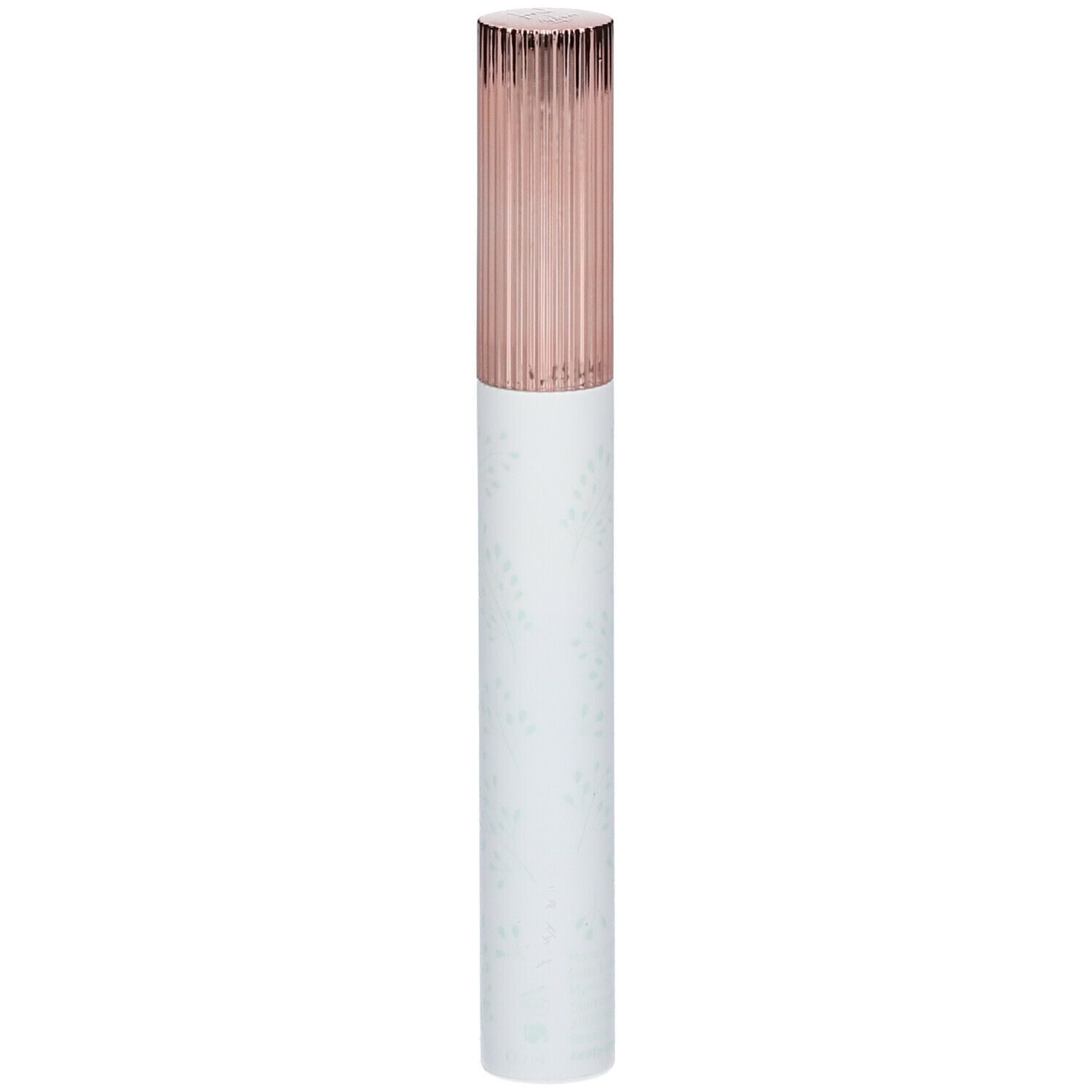 Tube de mascara avec capuchon or rose. Étiquette blanche avec motif floral. Nom du produit non visible.