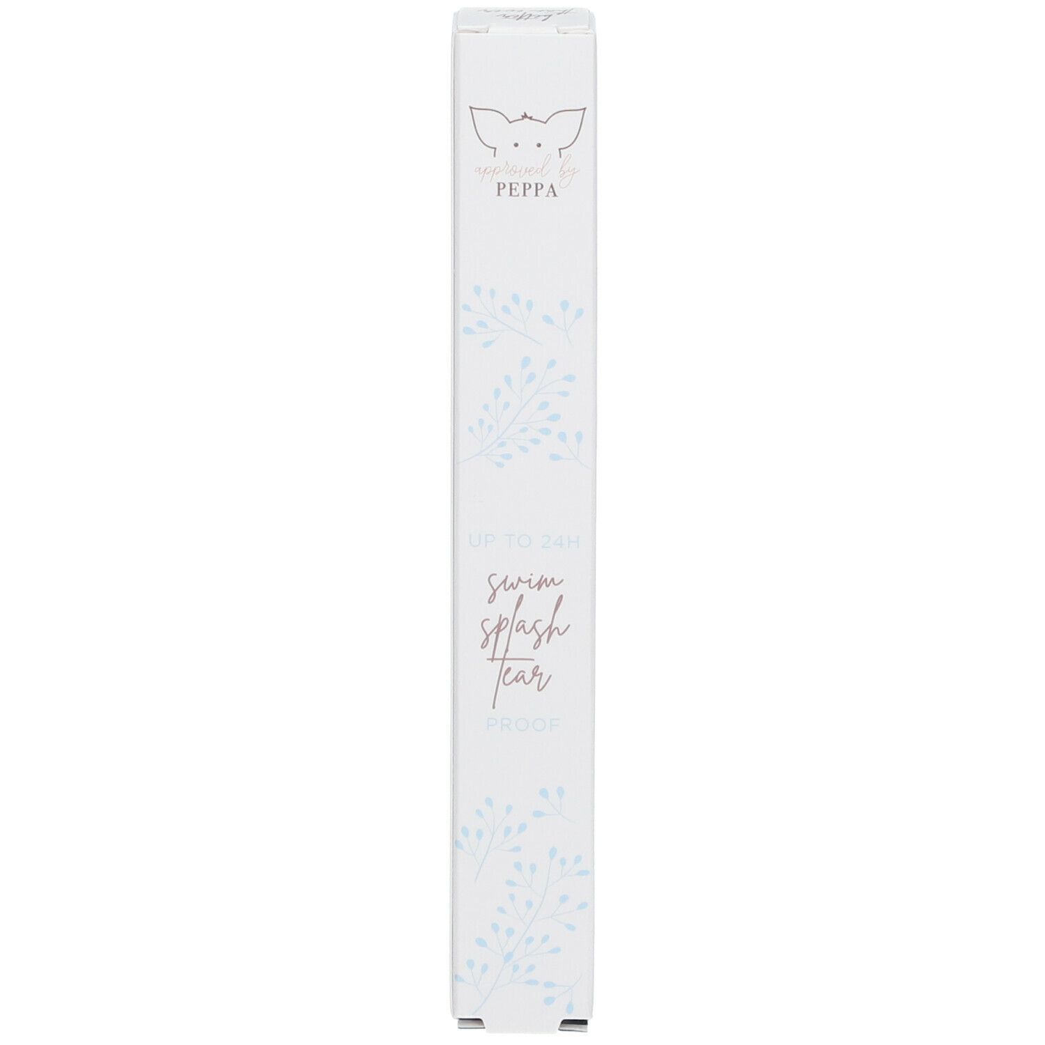 Emballage blanc étroit avec texte et motif floral. Nom du produit non visible.