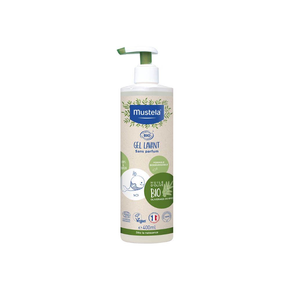 Mustela Gel Lavant sans parfum, flacon 400ml avec pompe. Certifié bio, vegan.