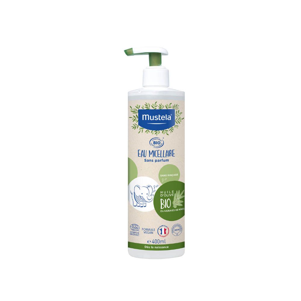 Mustela Eau Micellaire, sans parfum. Flacon pompe. Vegan. Certification bio. 400ml.