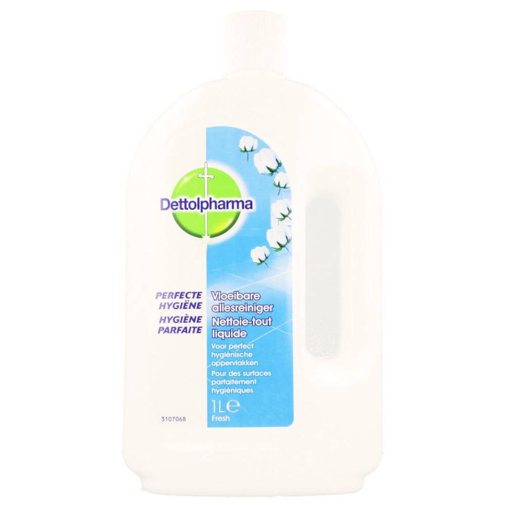 Flacon Dettolpharma blanc avec poignée. Étiquette avec nom du produit, logo et motif floral. Texte multilingue.