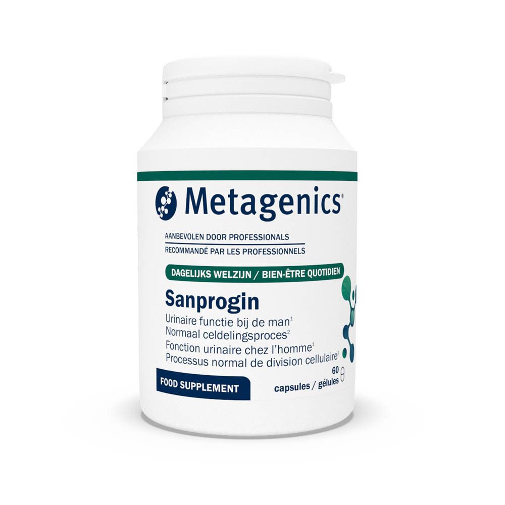 Flacon blanc de capsules. Inscription "Sanprogin" et "Metagenics". 60 capsules/gélules. Texte en français et néerlandais.