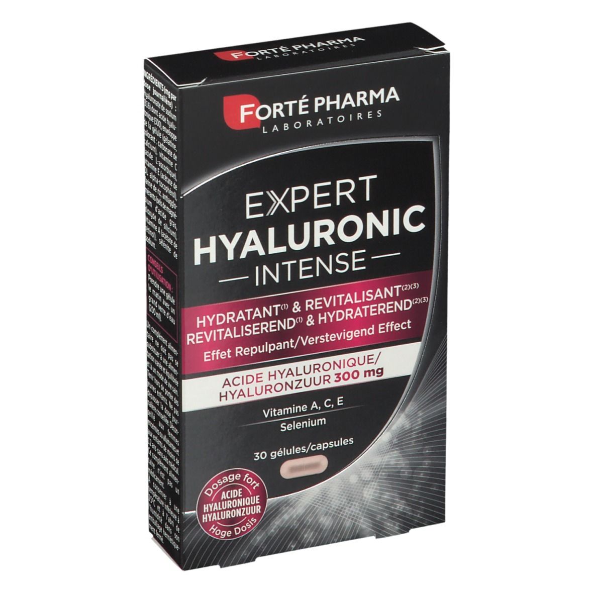 Boîte de gélules Expert Hyaluronic Intense. Ingrédients : Acide hyaluronique 300 mg, Vitamines A, C, E, Sélénium. Forté Pharma.