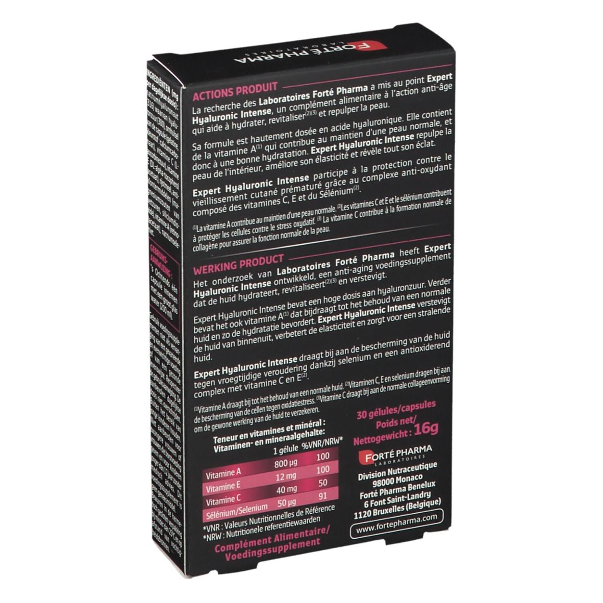 Boîte de gélules Expert Hyaluronic Intense. Ingrédients : Acide hyaluronique 300 mg, Vitamines A, C, E, Sélénium. Forté Pharma.