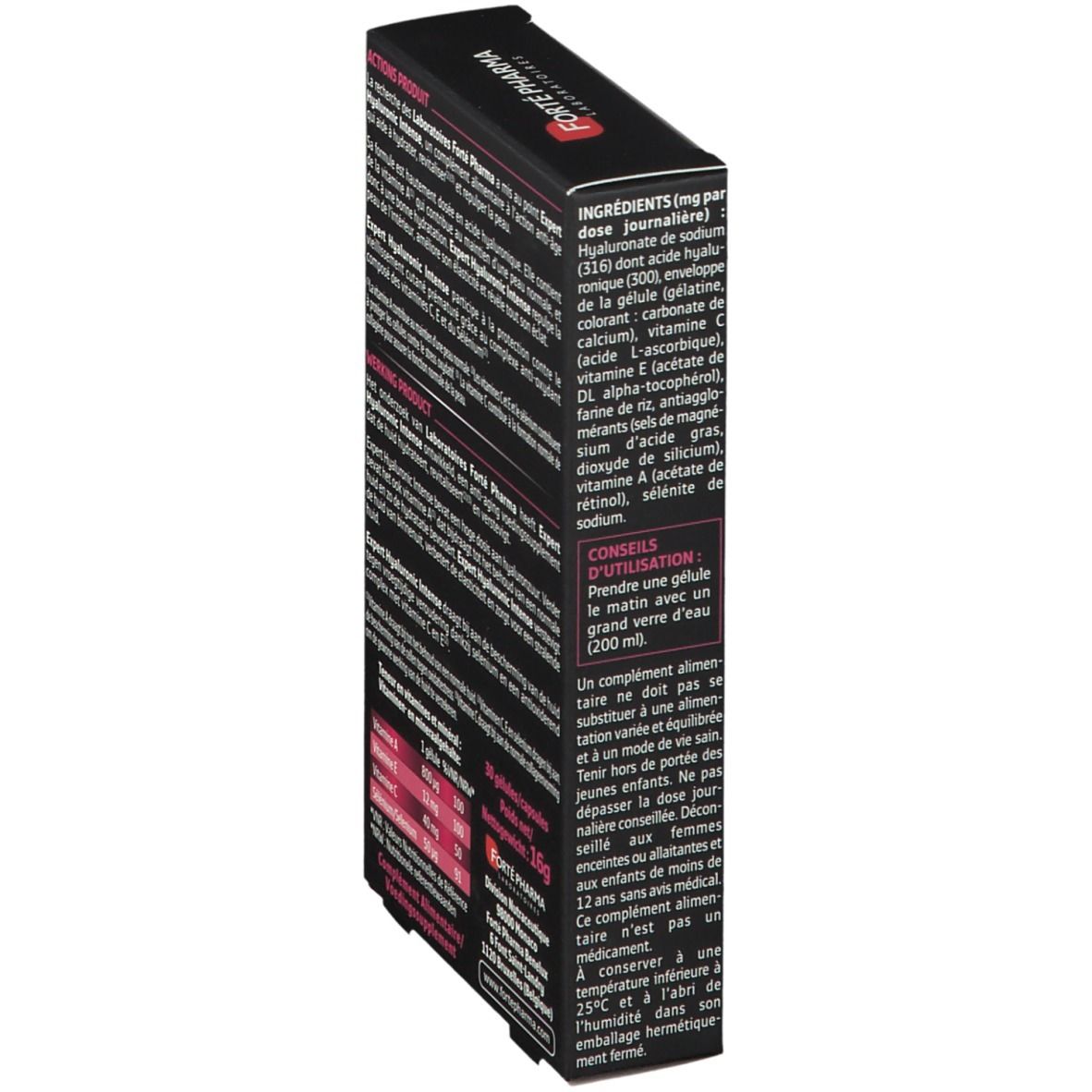 Dos de la boîte de gélules Expert Hyaluronic Intense. Ingrédients, conseils d'utilisation. Marque : Forté Pharma.