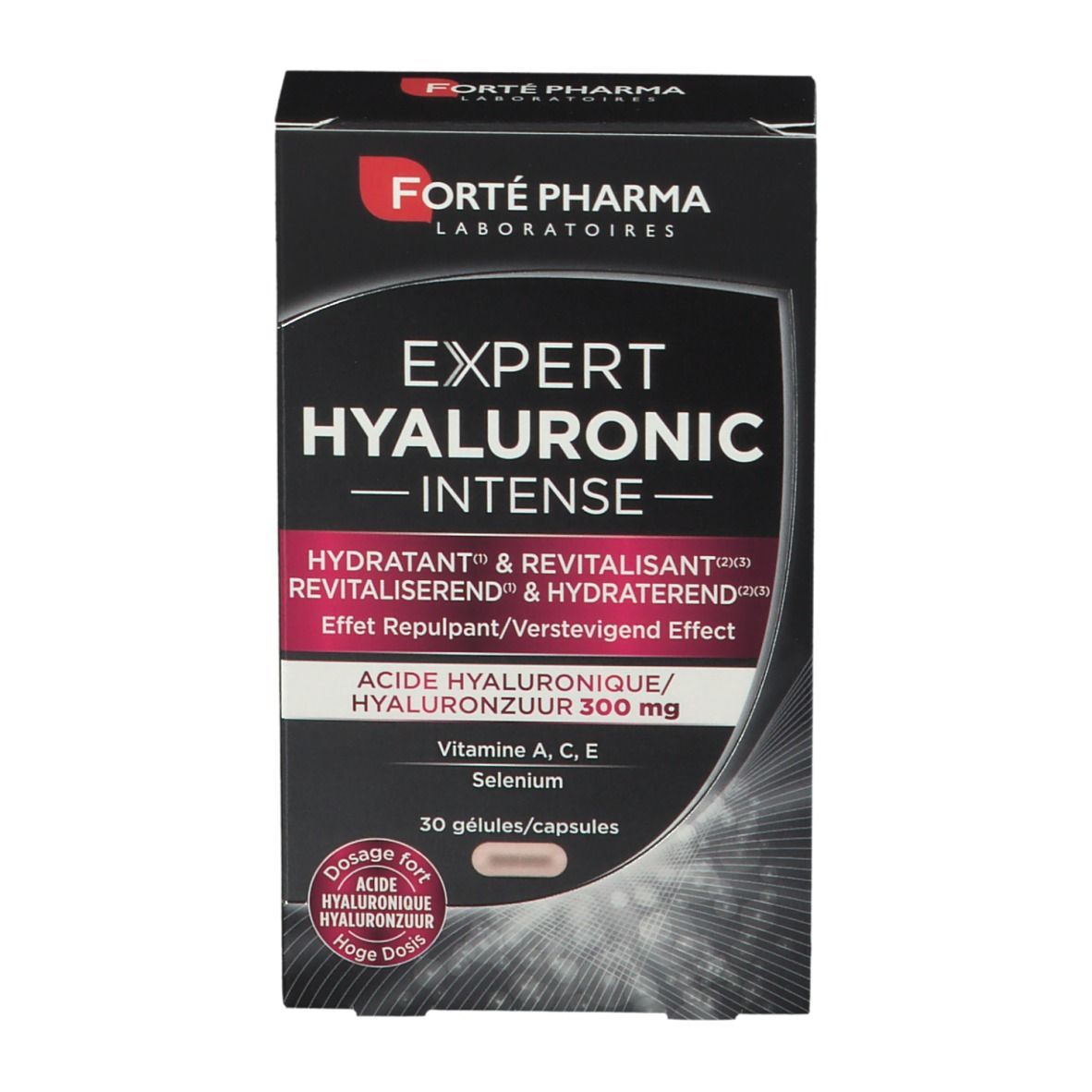Dos de la boîte de gélules Expert Hyaluronic Intense. Ingrédients, conseils d'utilisation. Marque : Forté Pharma.