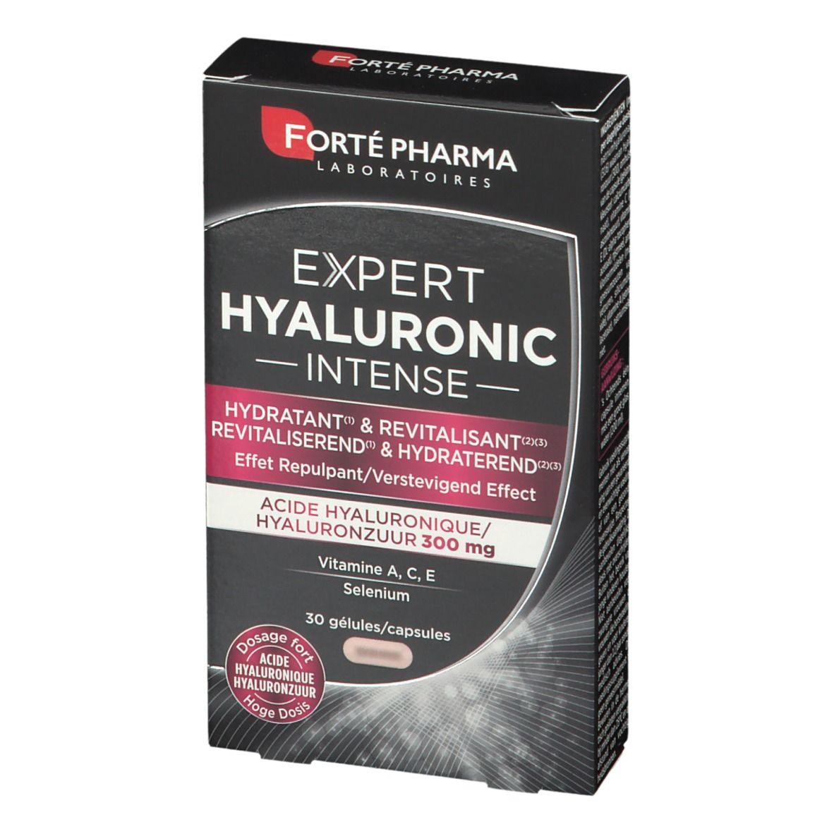 Boîte de gélules Expert Hyaluronic Intense. Ingrédients : Acide hyaluronique 300 mg, Vitamines A, C, E, Sélénium. Forté Pharma.