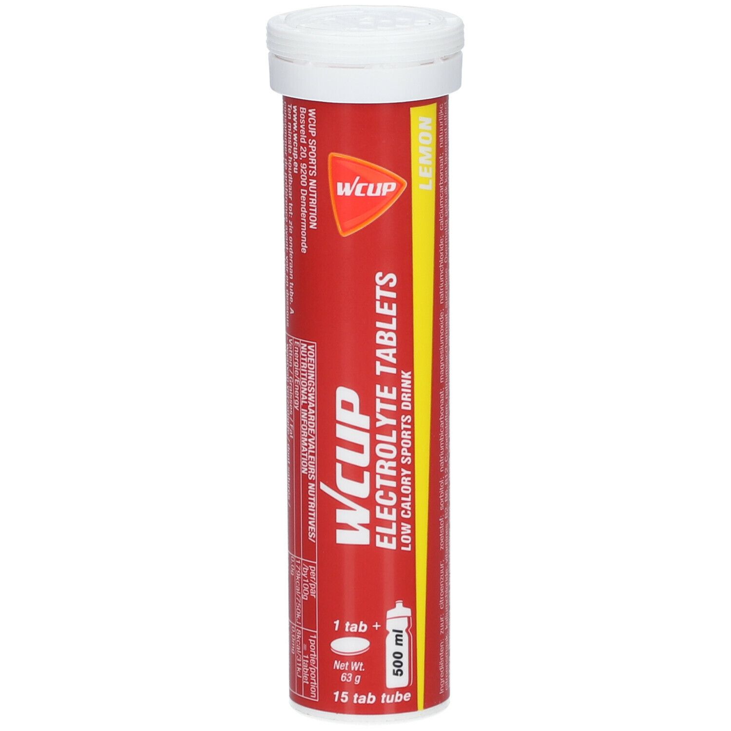 Tube rouge avec bouchon blanc. Inscription: WCUP Electrolyte Tablets, Lemon. 15 comprimés.