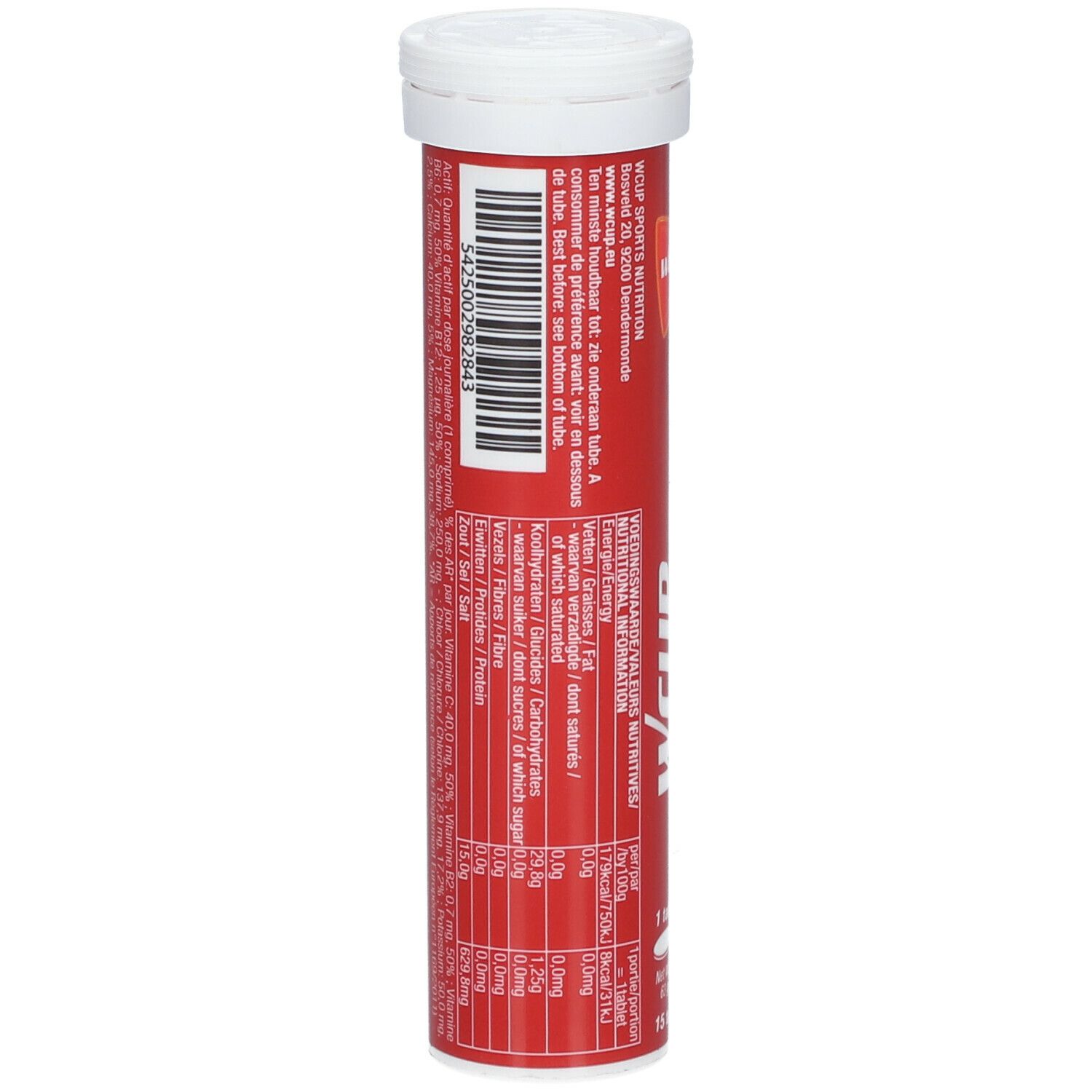 Tube rouge avec bouchon blanc. Code-barres et informations nutritionnelles. Texte multilingue.