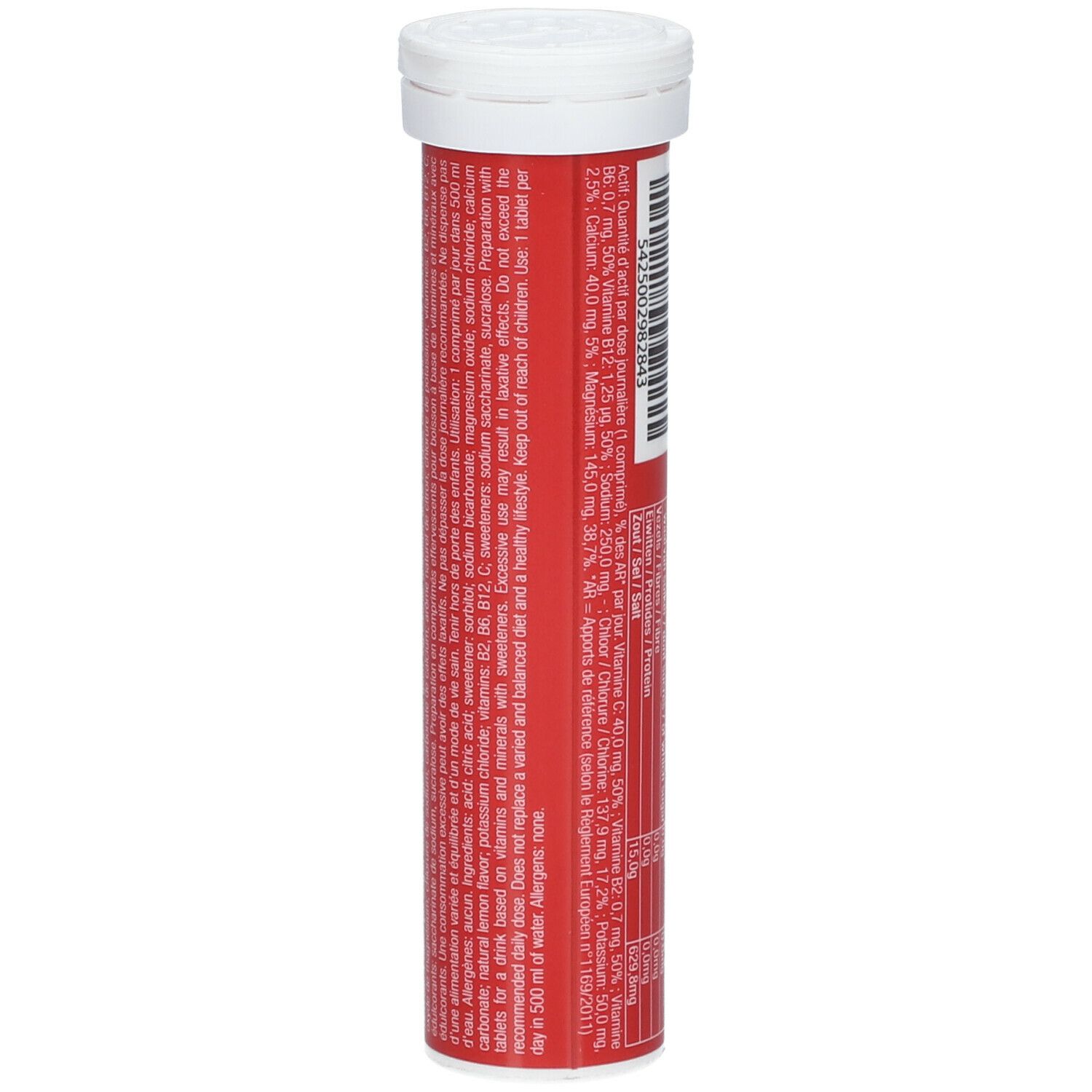 Tube rouge avec bouchon blanc. Liste des ingrédients et informations nutritionnelles. Texte multilingue.