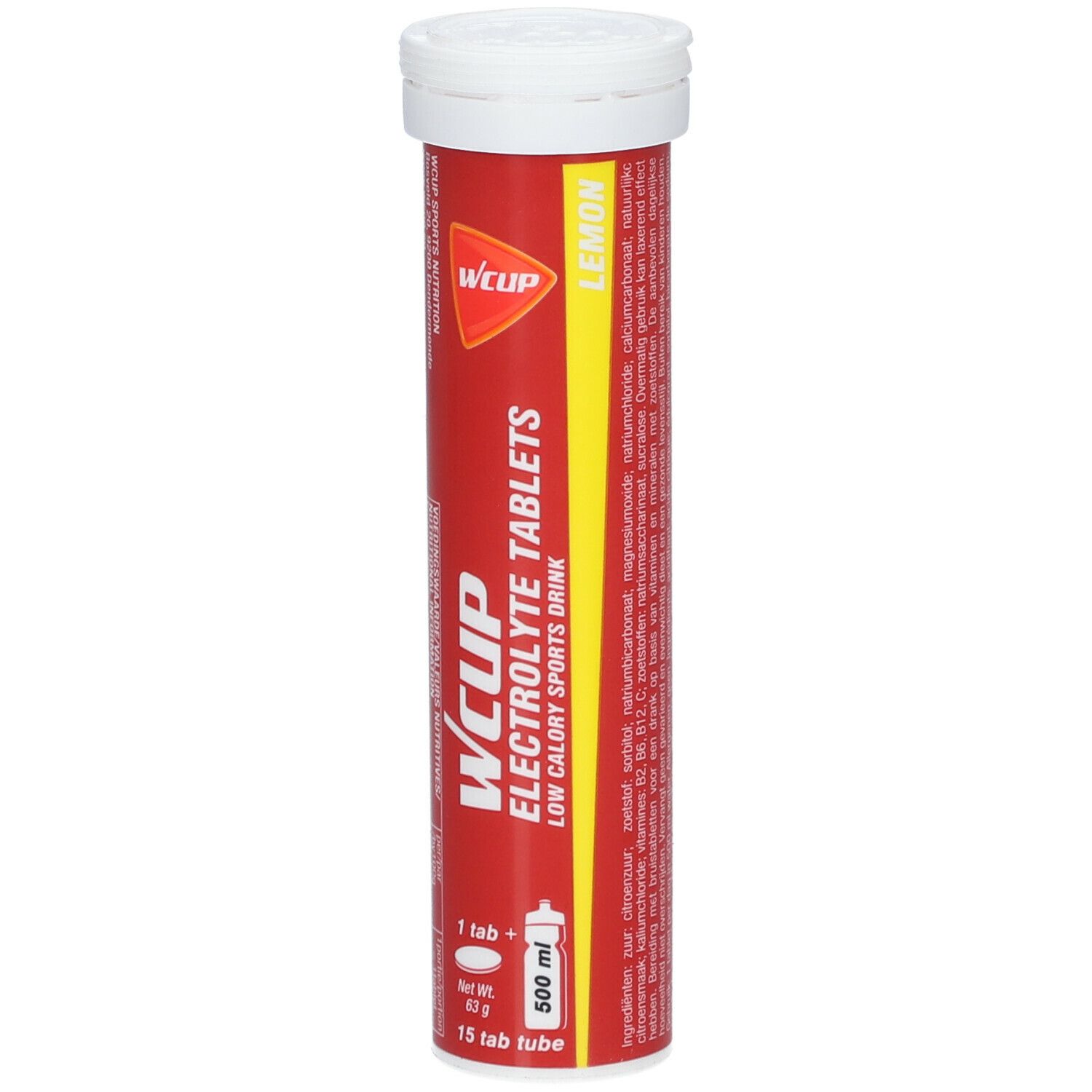 Tube rouge avec bouchon blanc. Inscription: WCUP Electrolyte Tablets, Lemon. 15 comprimés.