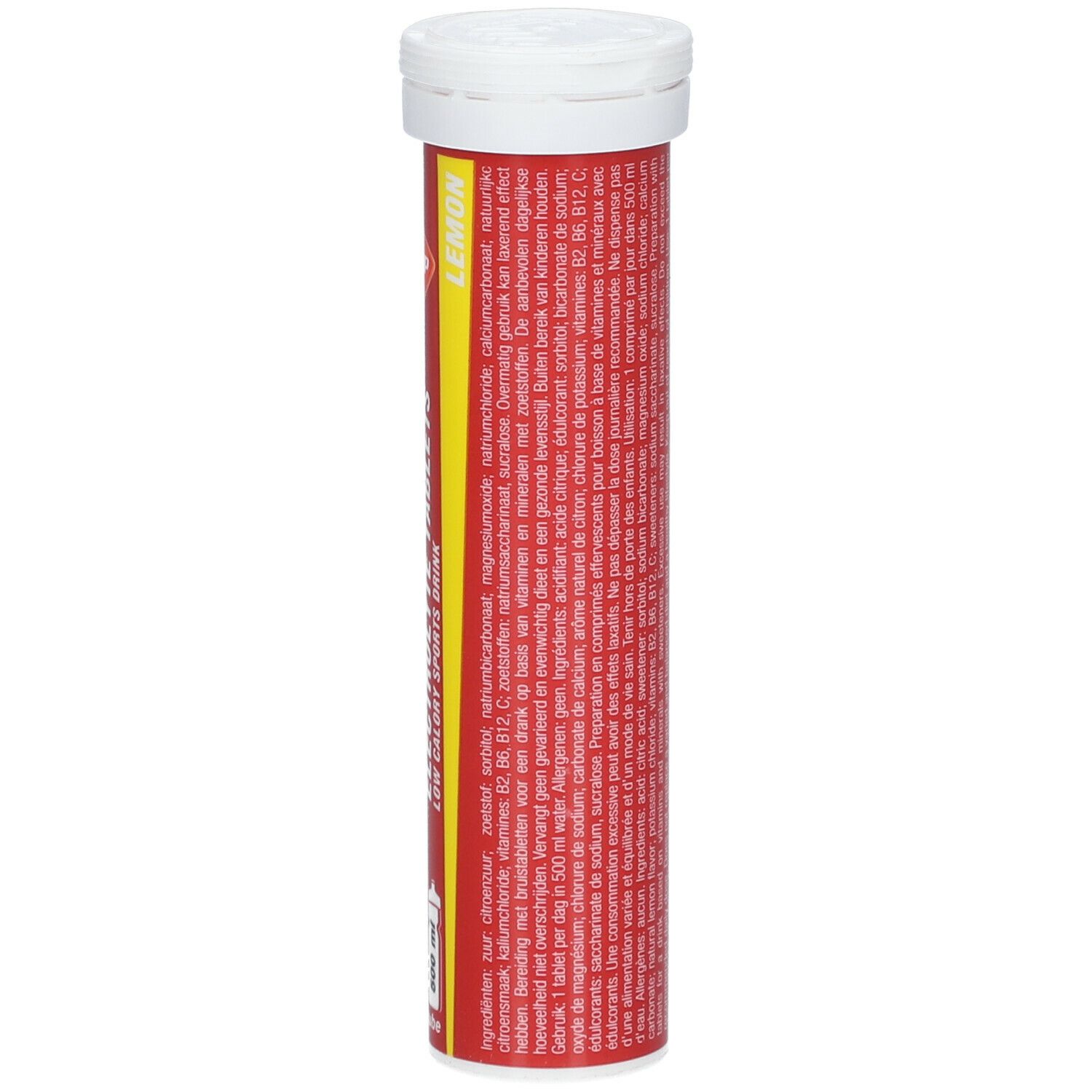 Tube rouge avec bouchon blanc. Liste des ingrédients et informations nutritionnelles. Texte multilingue.