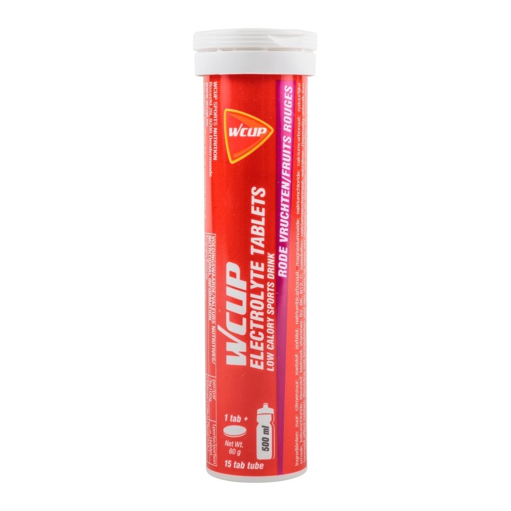 Tube rouge avec comprimés d'électrolytes, marque Wcup. Inscription : 'Electrolyte Tablets', 'Low Calory Sports Drink'.