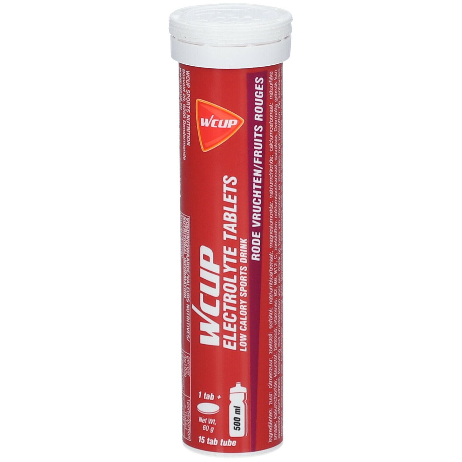 Tube cylindrique rouge WCUP Electrolyte Tablets. Contient 15 comprimés. Inscription: Fruits rouges.