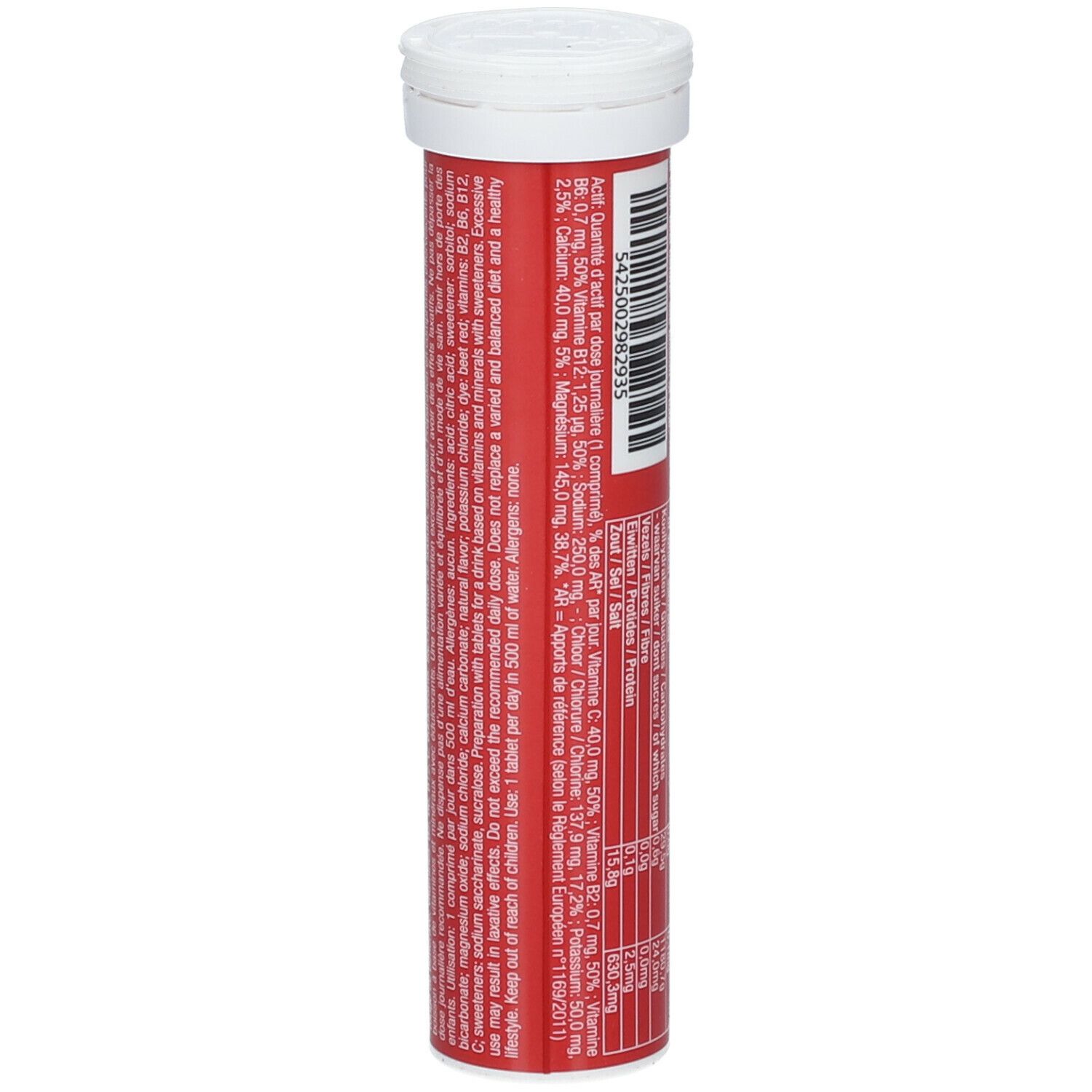 Tube rouge avec WCUP Electrolyte Tablets. Contient des informations sur les ingrédients. Inscription: WCUP, 15 comprimés, Fruits rouges.