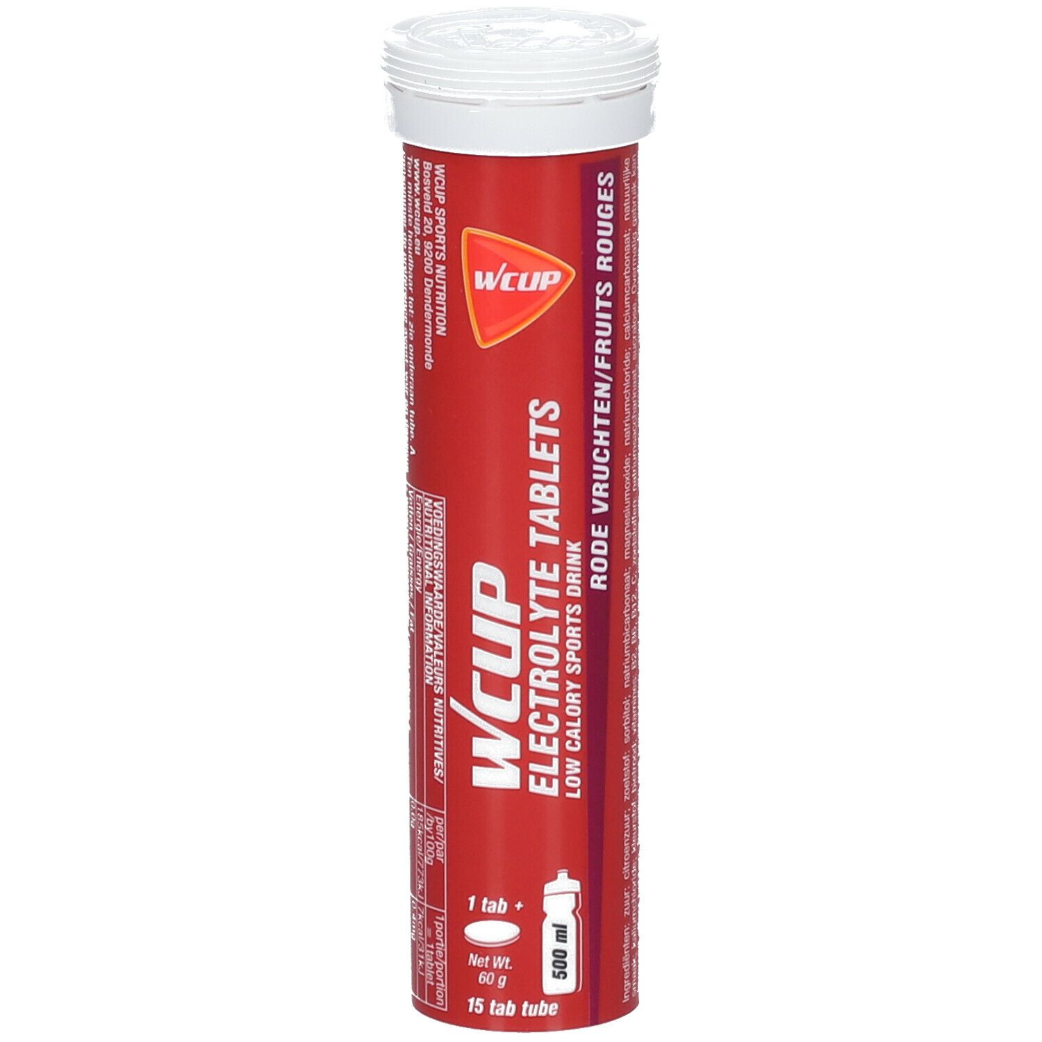 Tube rouge avec WCUP Electrolyte Tablets. Contient 15 comprimés. Inscription: WCUP, Fruits rouges, 500 ml.