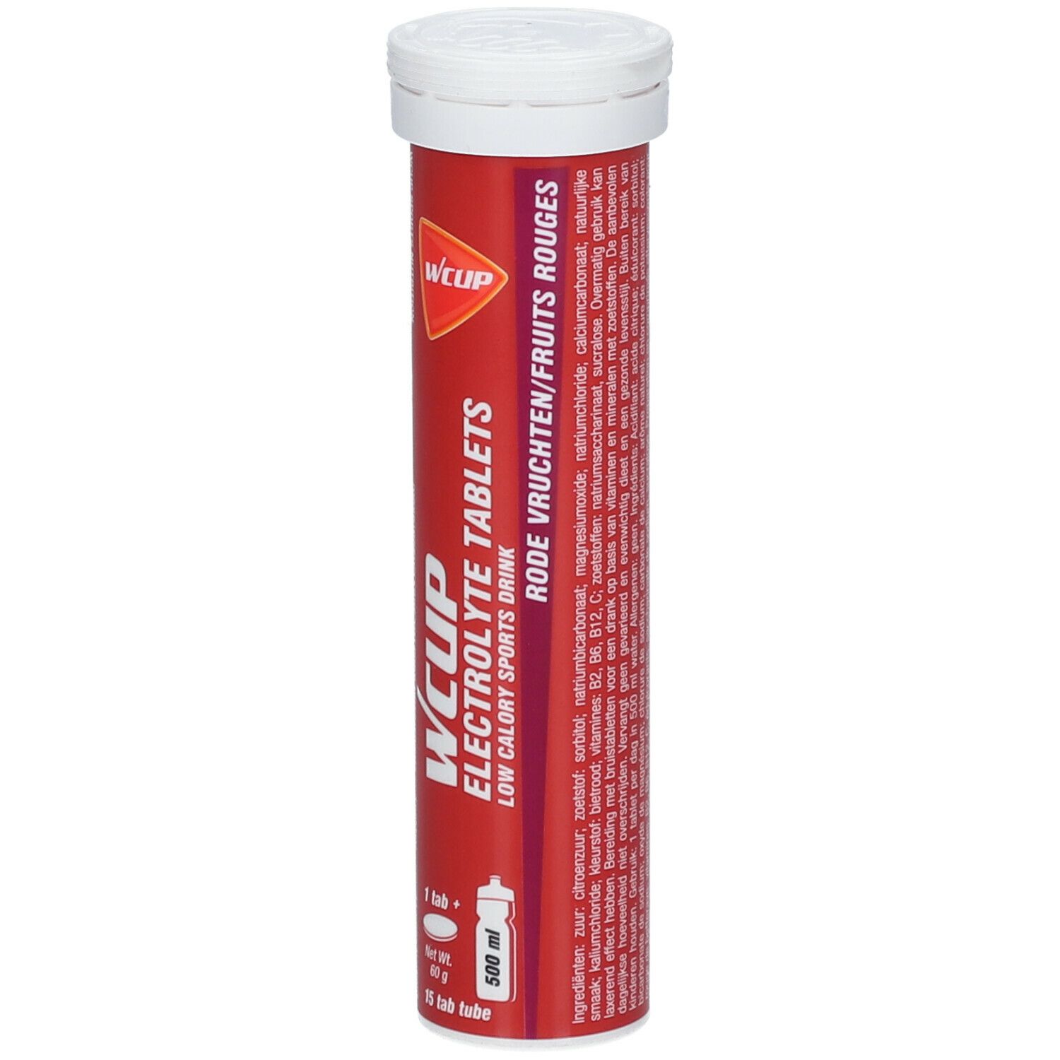 Tube rouge avec WCUP Electrolyte Tablets. Contient 15 comprimés. Inscription: WCUP, Fruits rouges, 500 ml.