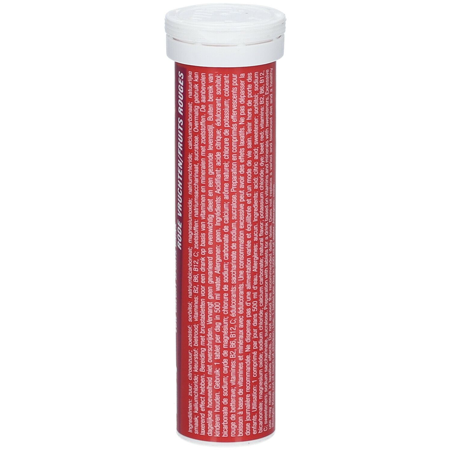 Tube rouge avec WCUP Electrolyte Tablets. Contient du texte. Inscription: Fruits rouges.