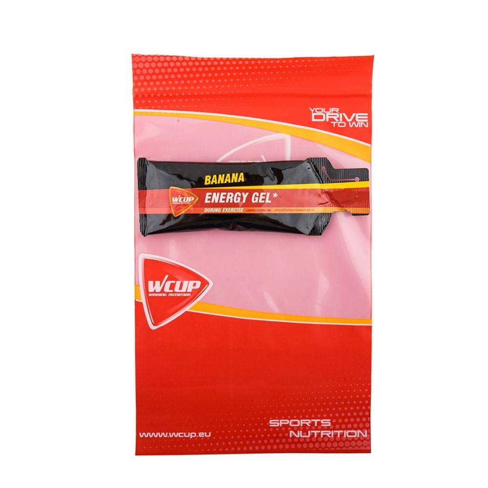 Gel énergétique banane individuel dans un emballage rouge avec logo et texte.