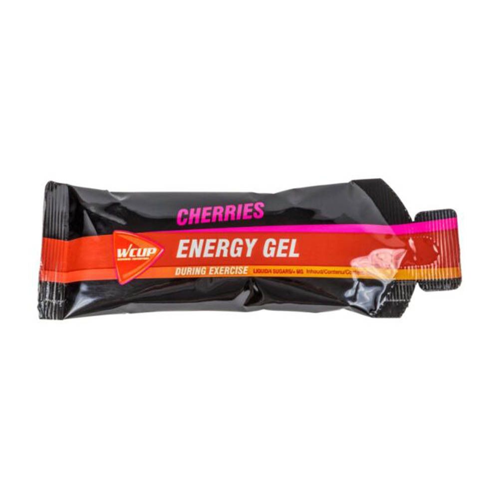 Sachet noir avec texte rouge et rose. "Cherries" et "Energy Gel" sont visibles. Logo Wcup.