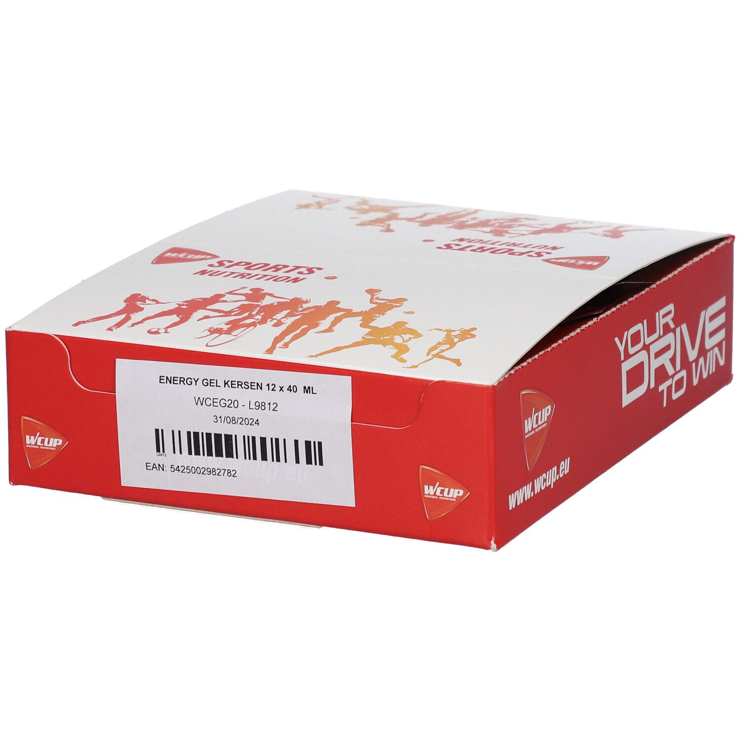Boîte en carton rouge et blanc. Inscriptions : ENERGY GEL KERSEN 12 x 40 ml. Code-barres et autres informations.