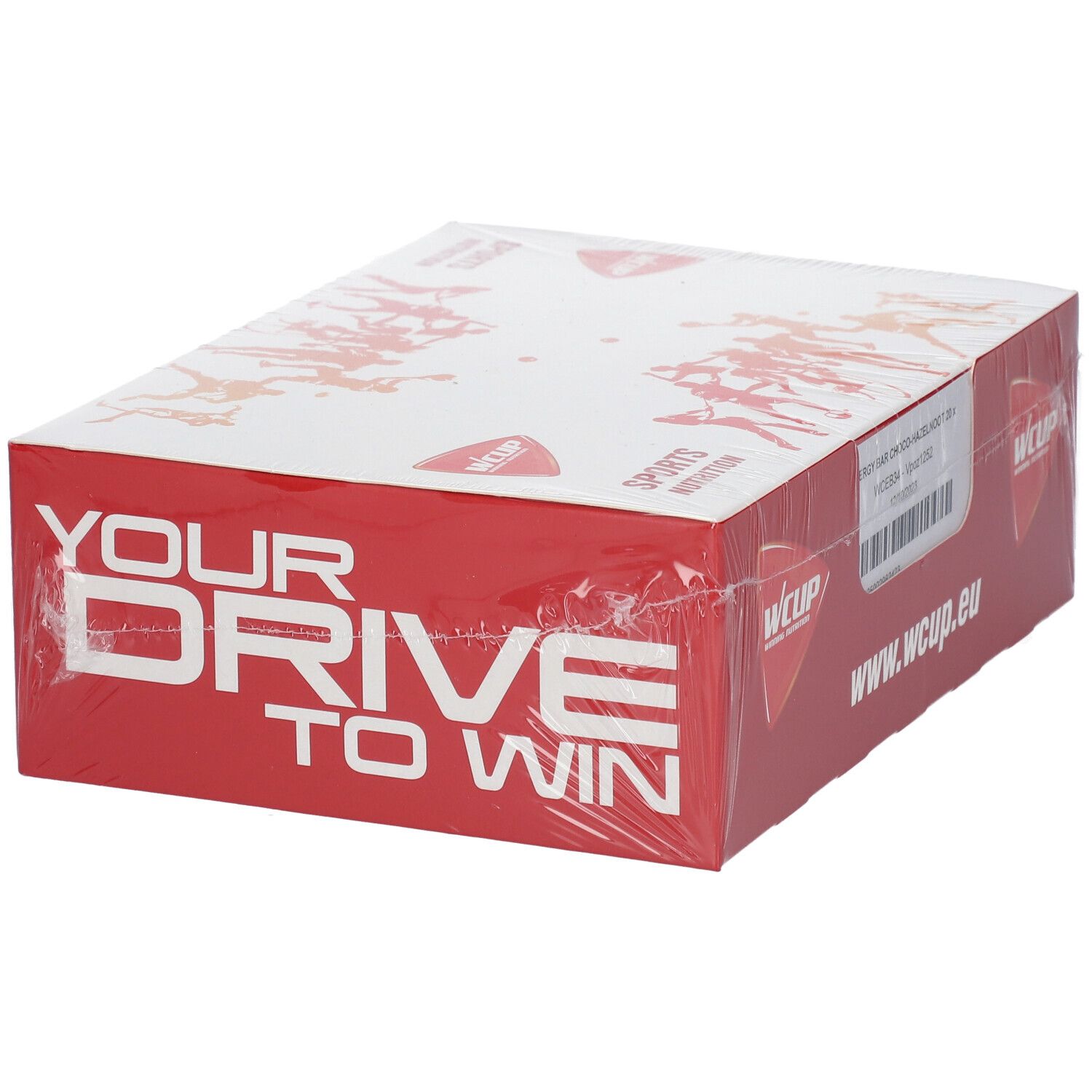 Emballage en carton rouge avec couvercle blanc. Inscription: YOUR DRIVE TO WIN. Logo WCUP. Emballé dans du plastique transparent. www.wcup.eu.