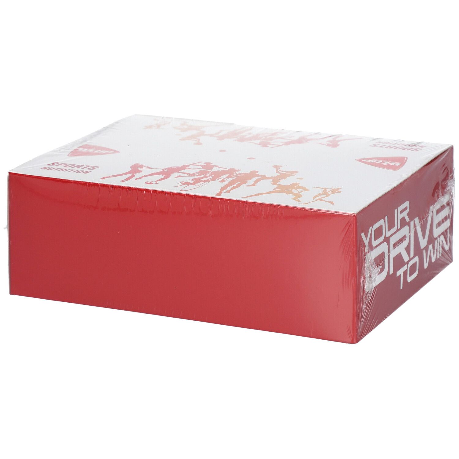 Emballage en carton rouge avec couvercle blanc. Inscription: YOUR DRIVE TO WIN. Logo WCUP. Emballé dans du plastique transparent.