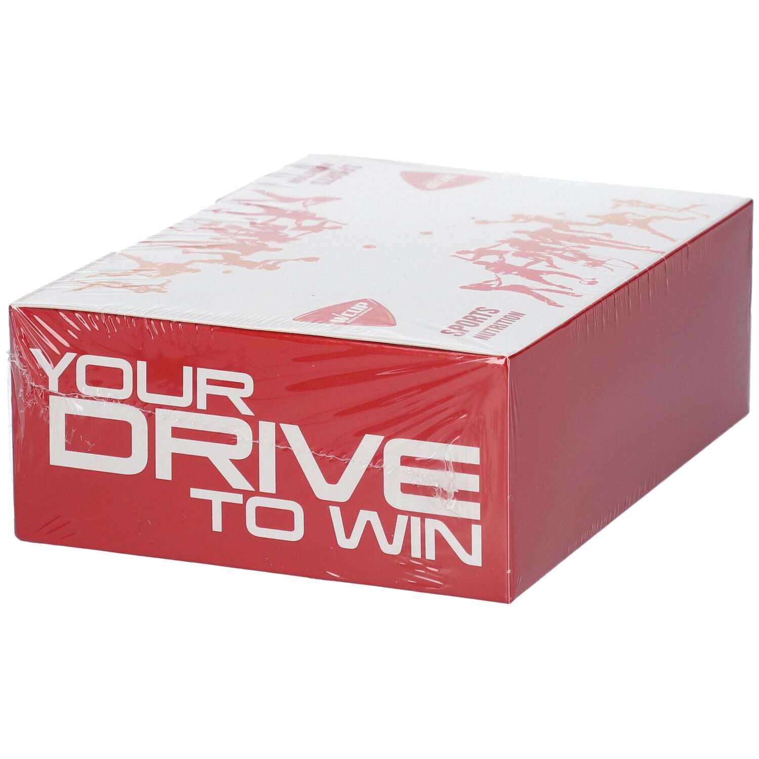 Emballage en carton rouge avec couvercle blanc. Inscription: YOUR DRIVE TO WIN. Logo WCUP. Emballé dans du plastique transparent.