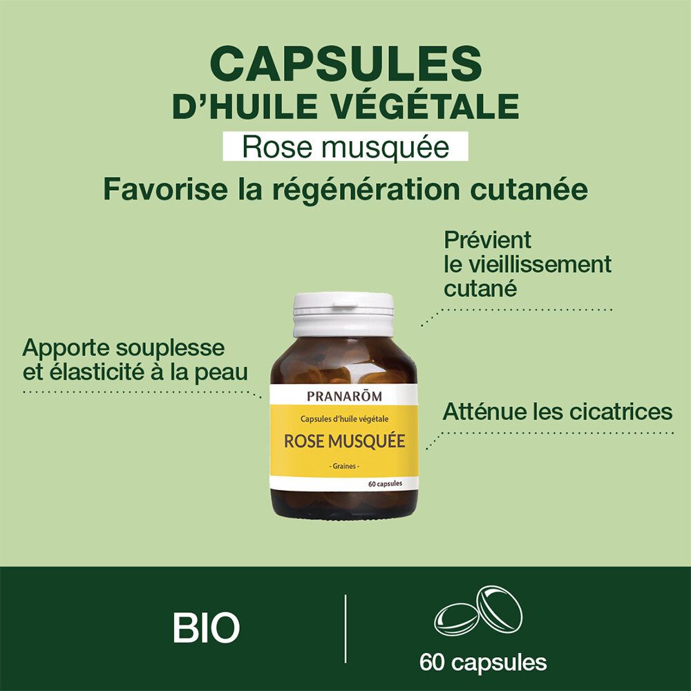 Flacon brun avec capsules. Inscription: Rose Musquée. Texte: Favorise la régénération cutanée, 60 capsules, Bio.