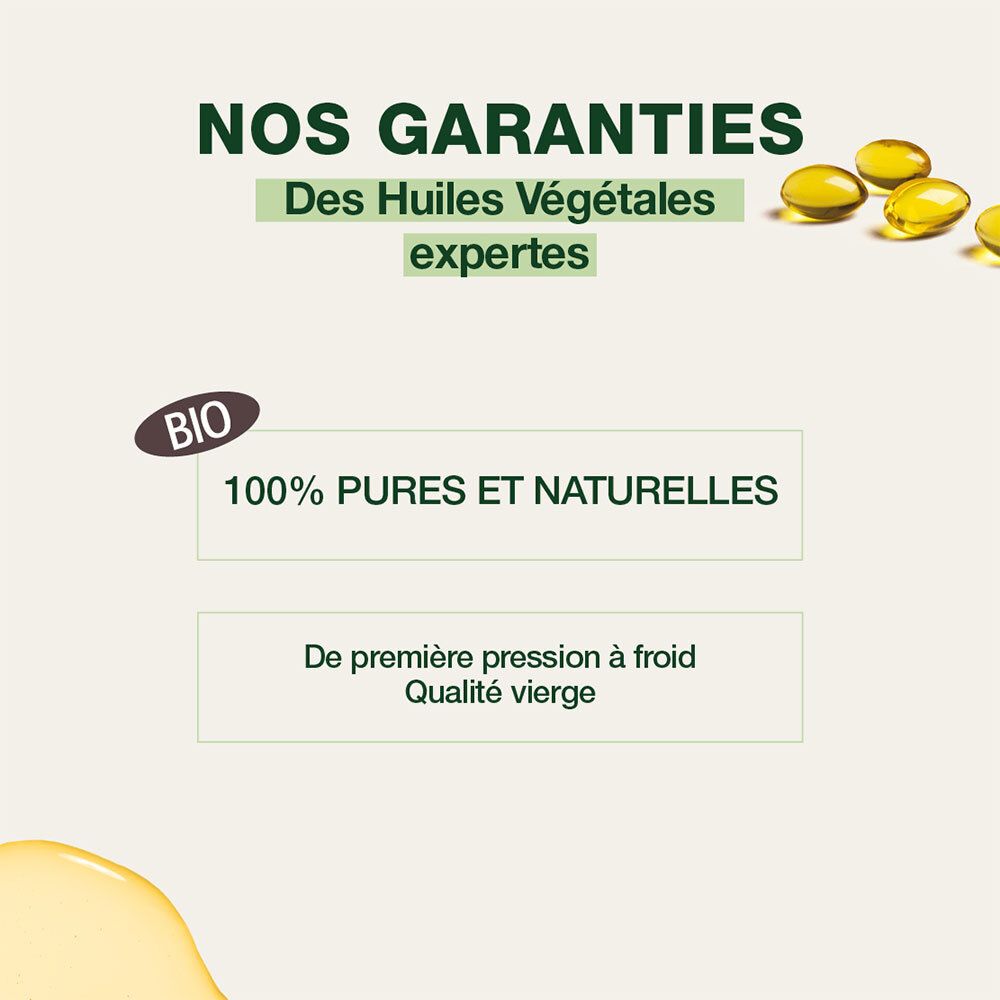 Texte: 100% pures et naturelles. De première pression à froid. Label Bio. Capsules jaunes.