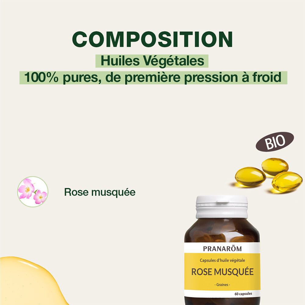 Texte: 100% pures, de première pression à froid. Rose Musquée. Label Bio. Capsules jaunes.