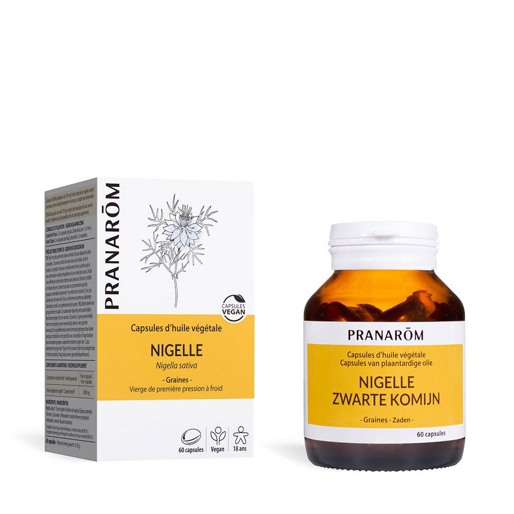 Flacon et boîte de gélules. Inscription: PRANAROM, Nigelle, 60 capsules, vegan. Illustration de fleur.