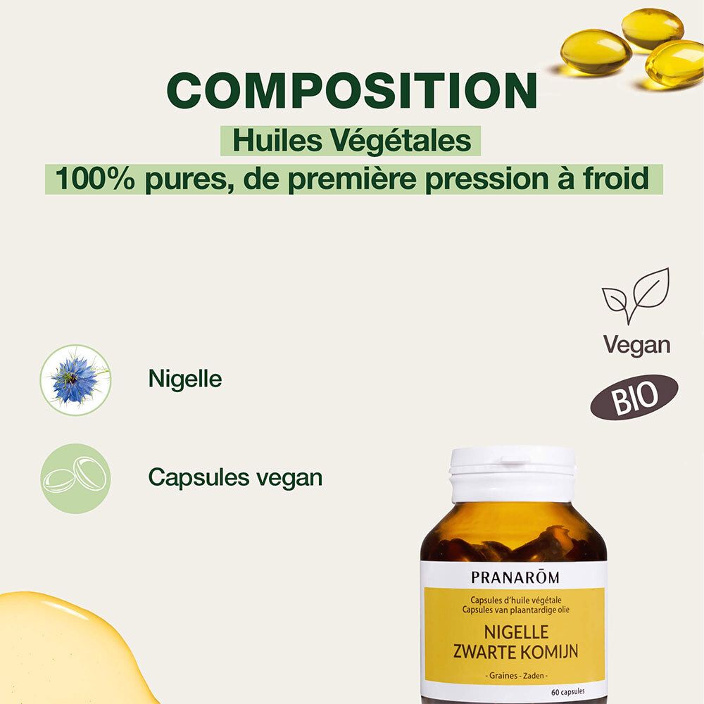 Composition: Huiles végétales. Texte: 100% pures, pression à froid. Labels Vegan et Bio. Gélules de Nigelle.