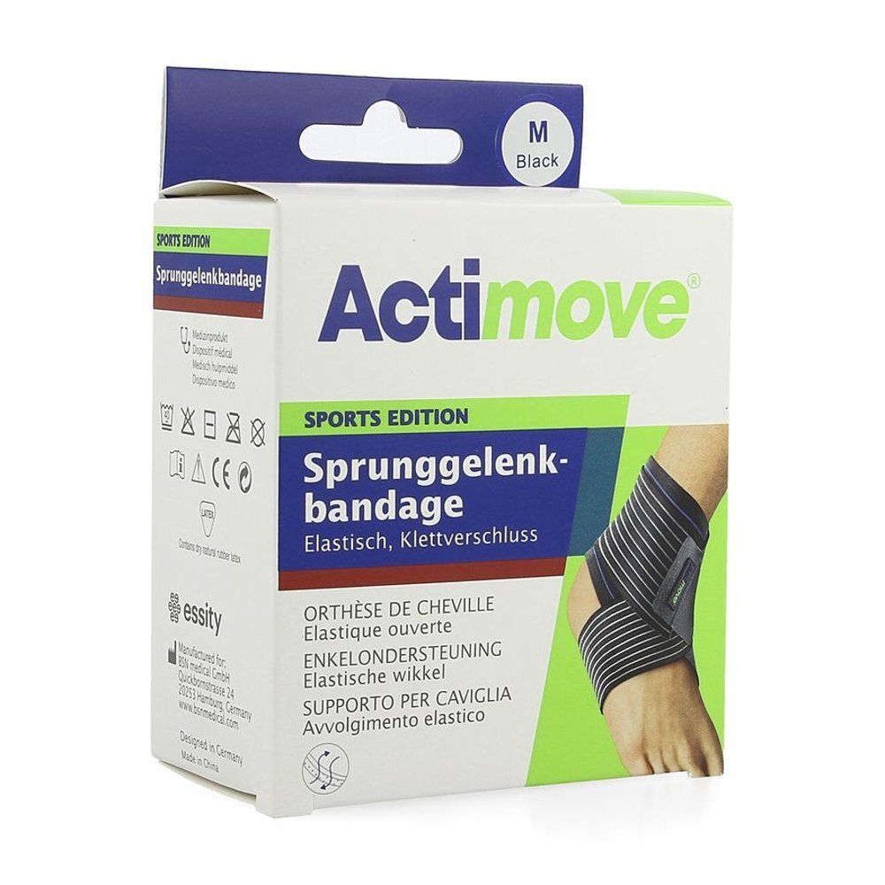 Orthèse de cheville Actimove, noire, taille M, élastique, avec fermeture velcro.